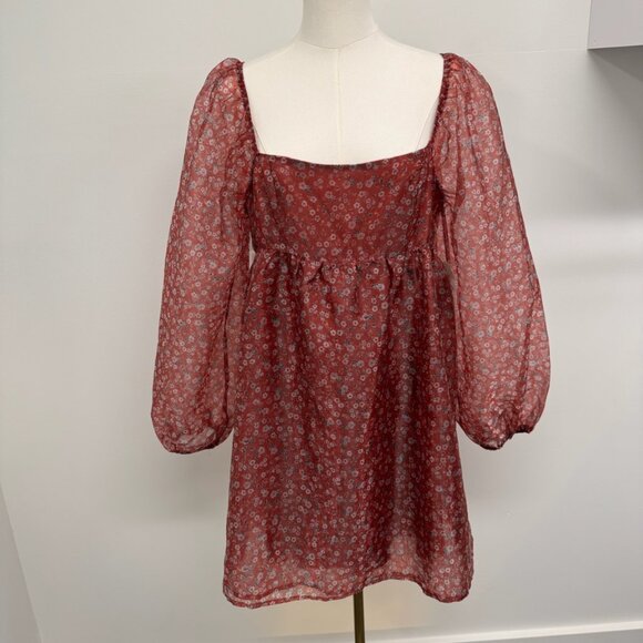 NWT Altar’d State Red Floral Sheer Puff Sleeve Mini Dress – Size L - Picture 1 of 9